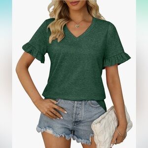 NEW Flirty Green Ruffle Puff Sleeve V-neck Shirt Short Sleeve Plus Size 2X Cute!